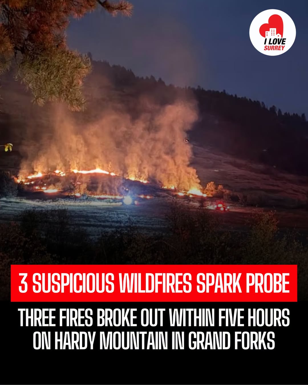 I Love Surrey graphic about three suspicious Hardy Mountain wildfires